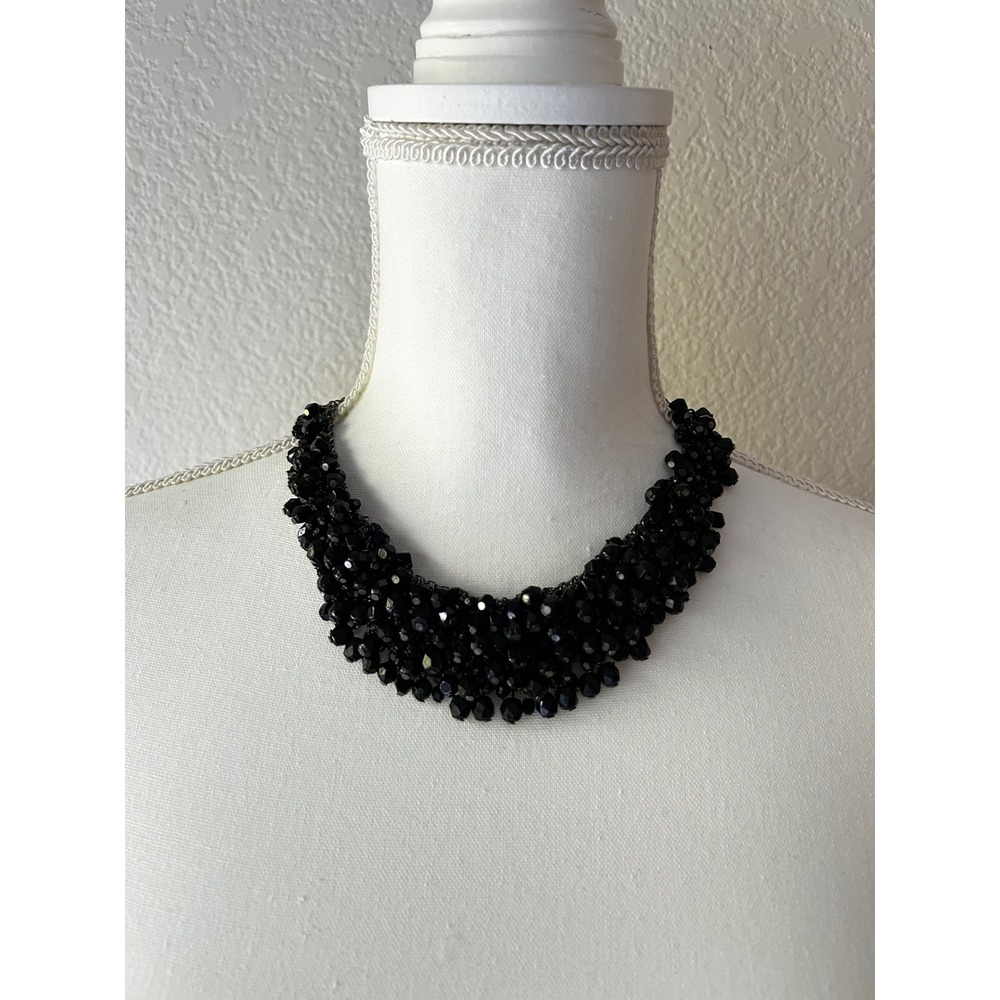 Black Beaded Statement Bib Necklace Faceted Cluster Gunmetal Adjustable Choker